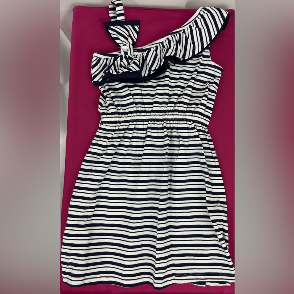ABS Kids Striped Navy&White Sleeveless One Shoulder Dress Bejeweled Bow   5  NWT